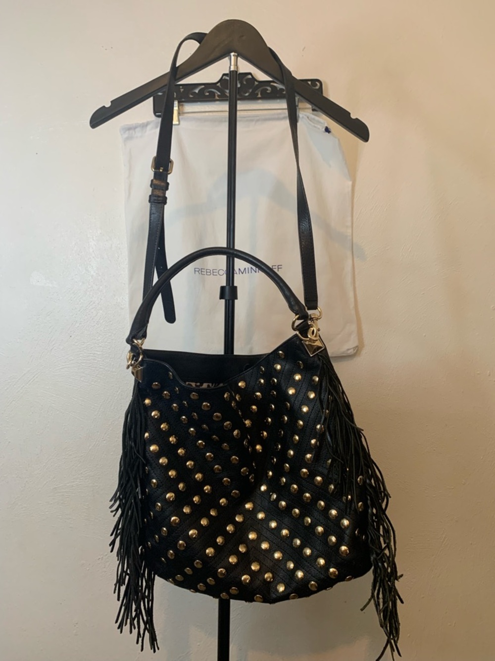Rebecca Minkoff Black Stud Fringe Hobo Bag with Gold Accents - Picture 4 of 12